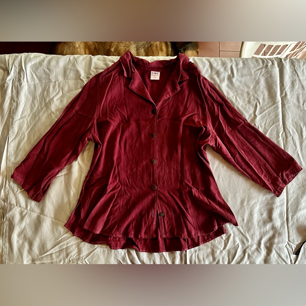 C.M.C Tecel Shirt with coconut buttons and split hems, rich ruby color, Size L